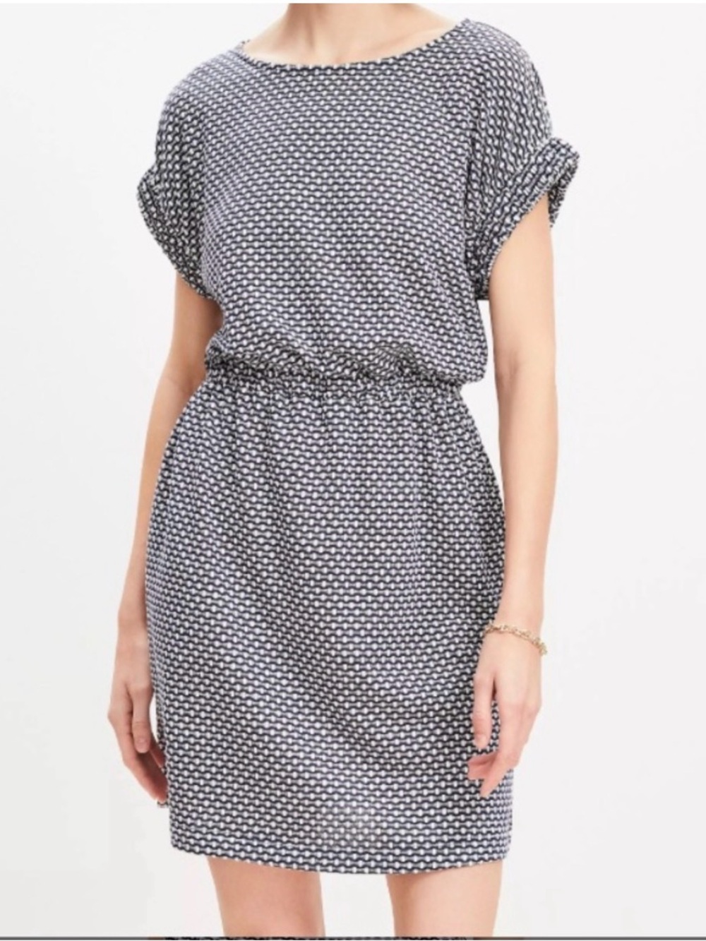 LOFT Navy and White Printed Blouson Mini Dress